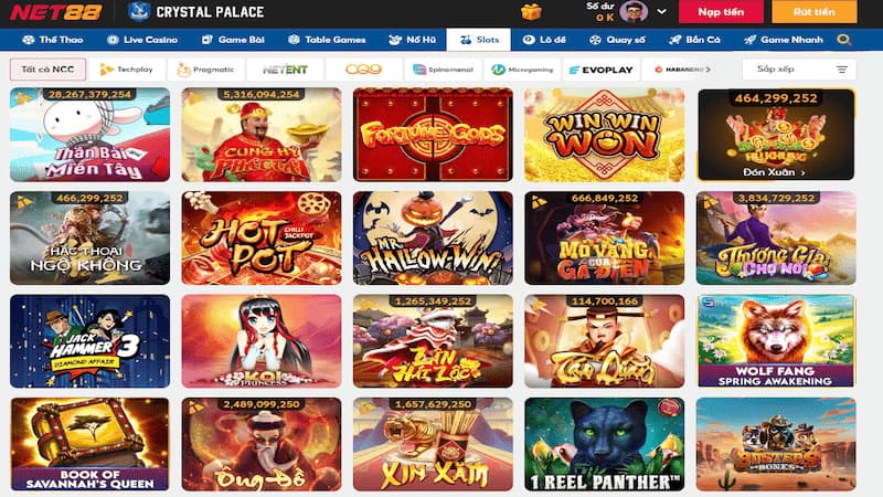 Đa dạng trò chơi trong mục Slots tại nhà cái Net88